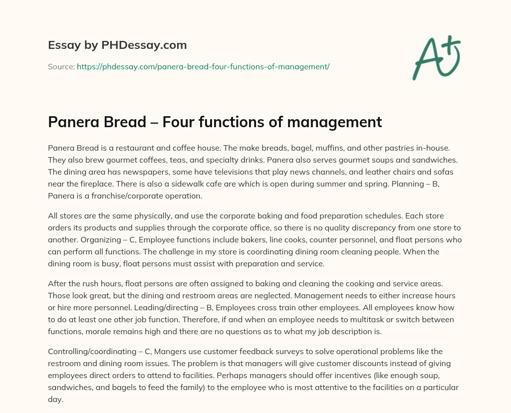 Panera Bread – Four functions of management essay