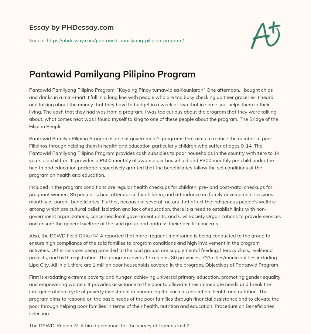 Pantawid Pamilyang Pilipino Program essay