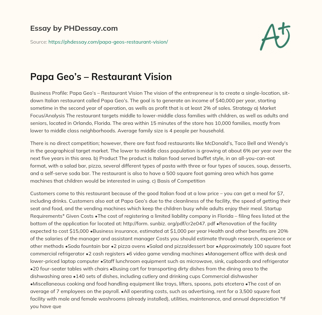 Papa Geo’s – Restaurant Vision essay