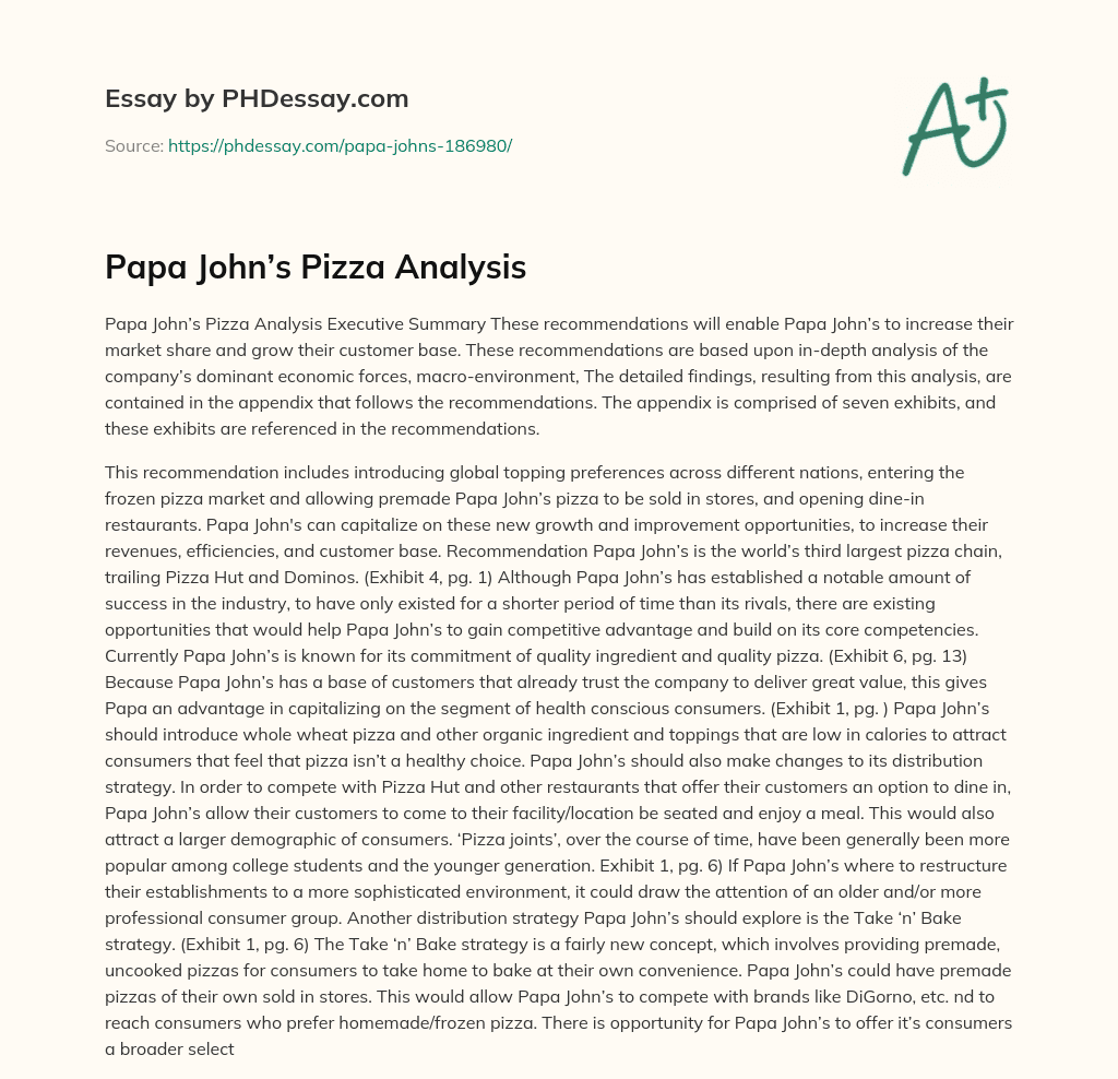 Papa John’s Pizza Analysis essay