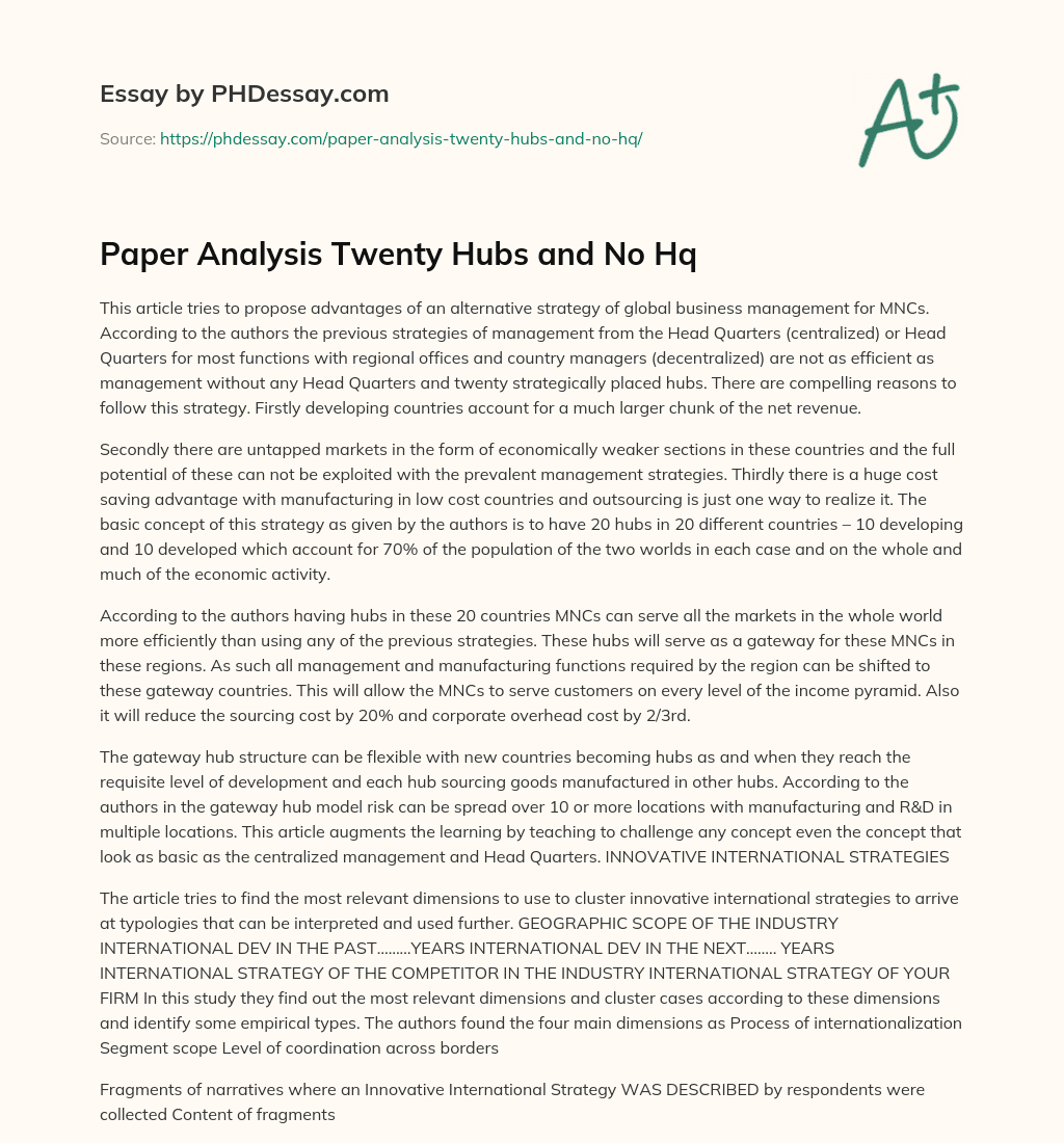 Paper Analysis Twenty Hubs and No Hq essay
