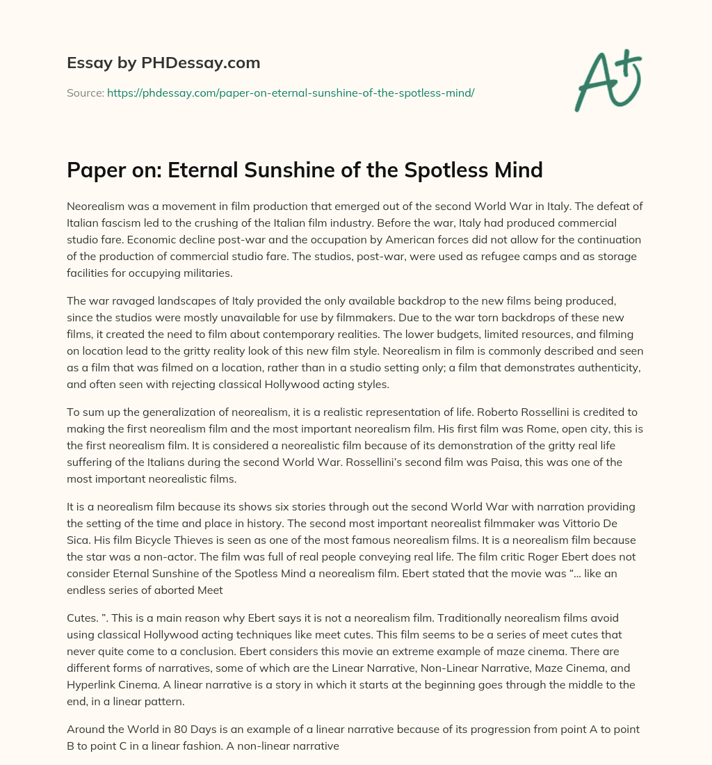Paper on: Eternal Sunshine of the Spotless Mind essay