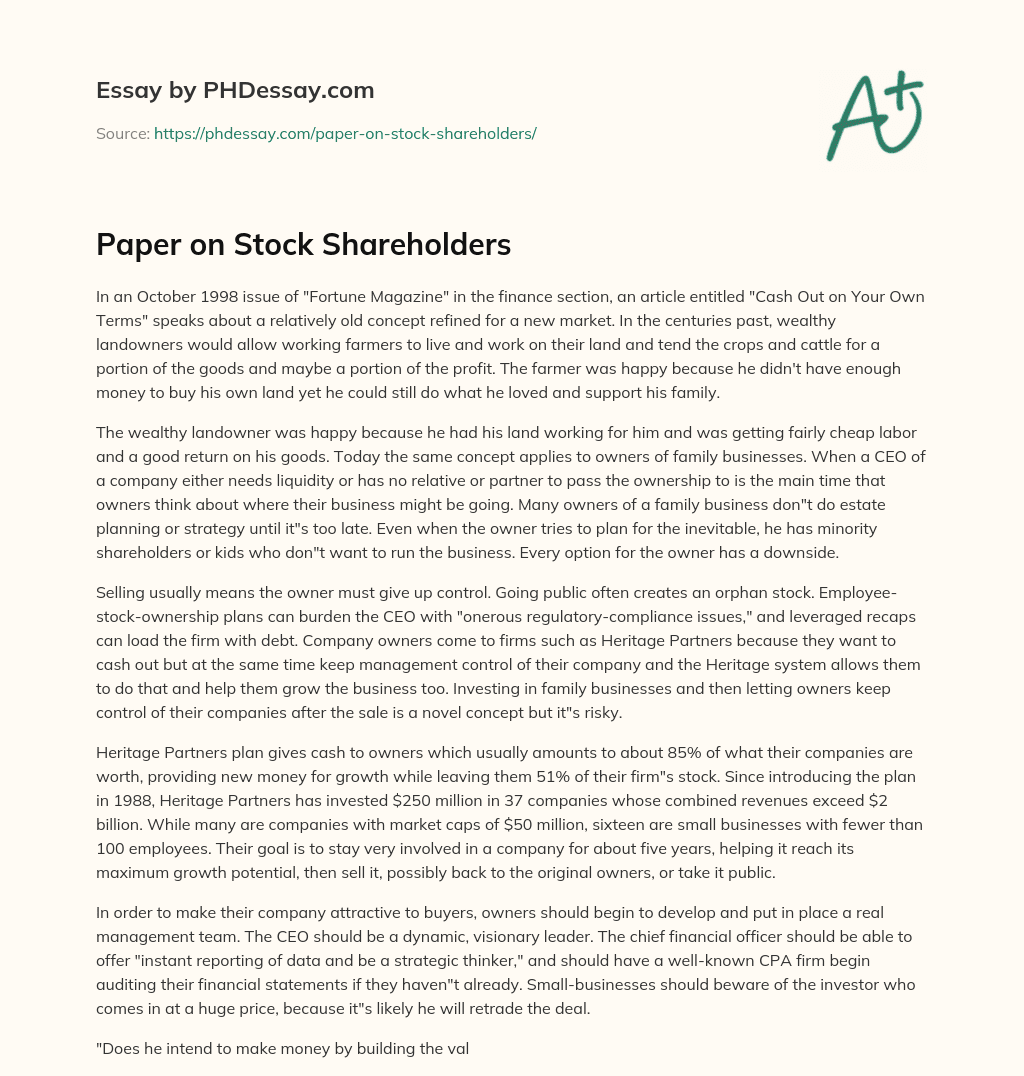 Paper on Stock Shareholders essay