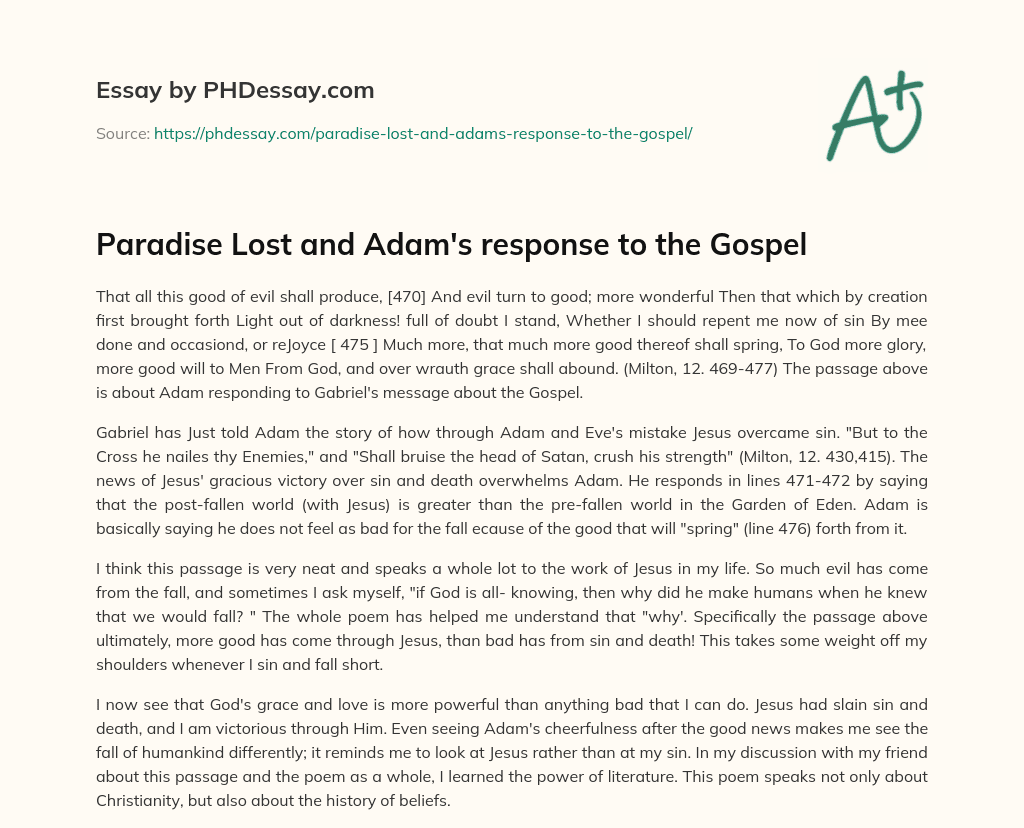 Paradise Lost and Adam’s response to the Gospel essay