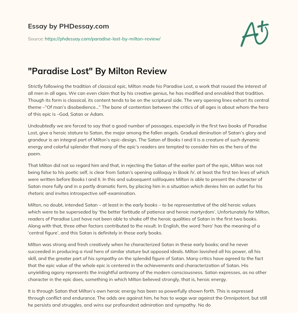 “Paradise Lost” By Milton Review essay