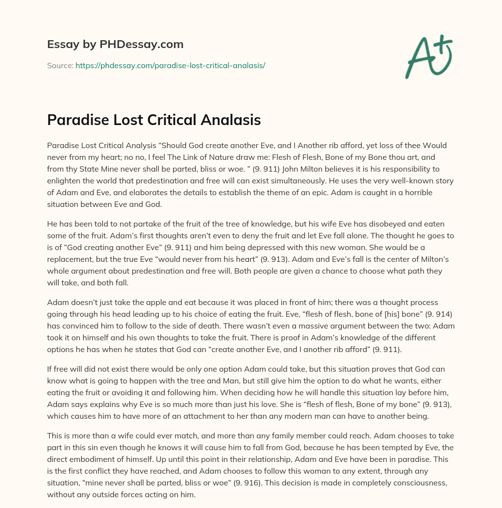 Paradise Lost Critical Analasis essay