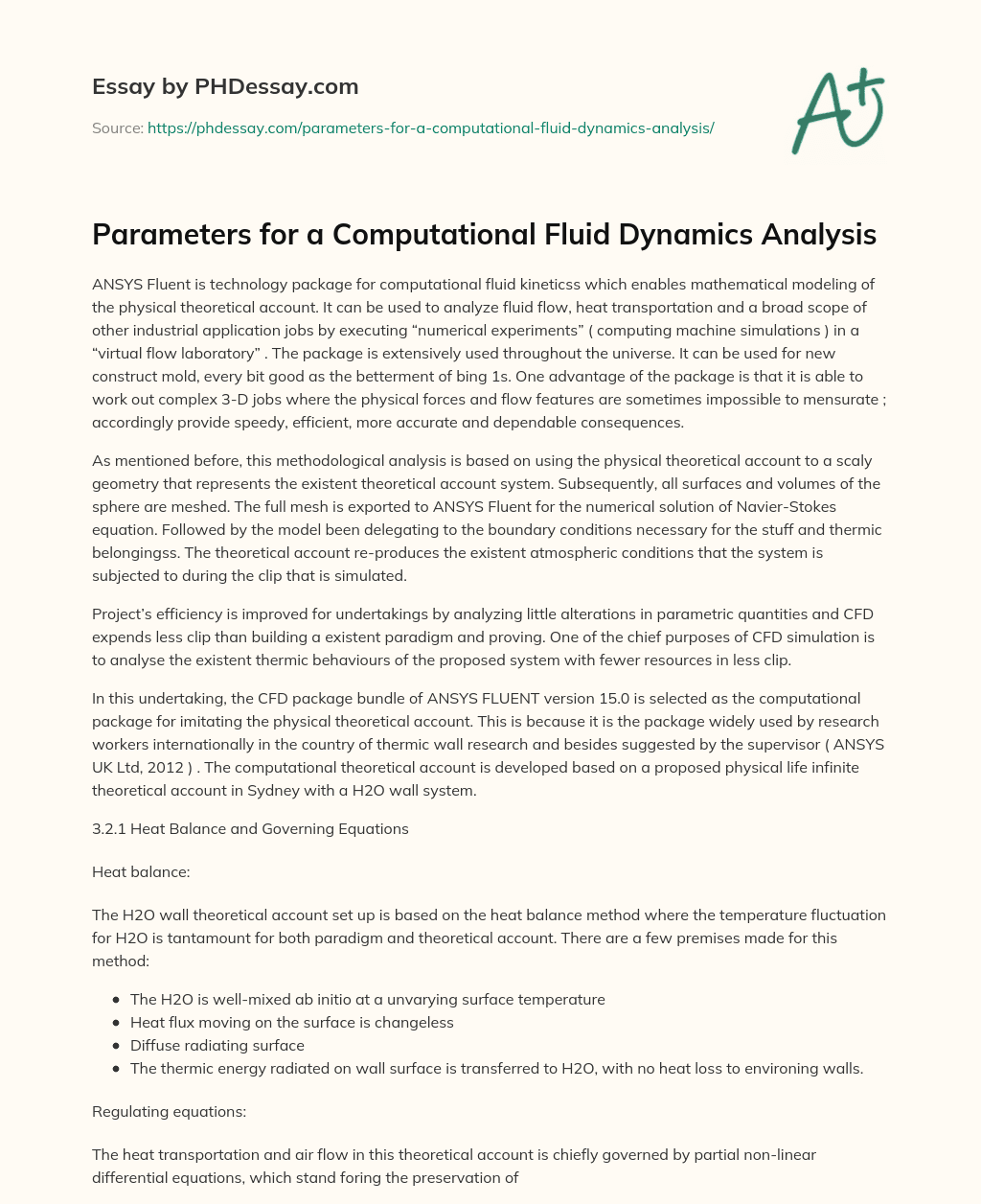 Parameters for a Computational Fluid Dynamics Analysis