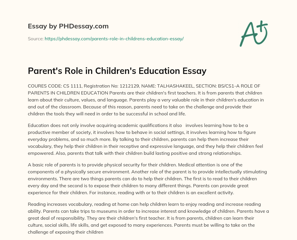 Parent s Role In Children s Education Essay 300 Words PHDessay