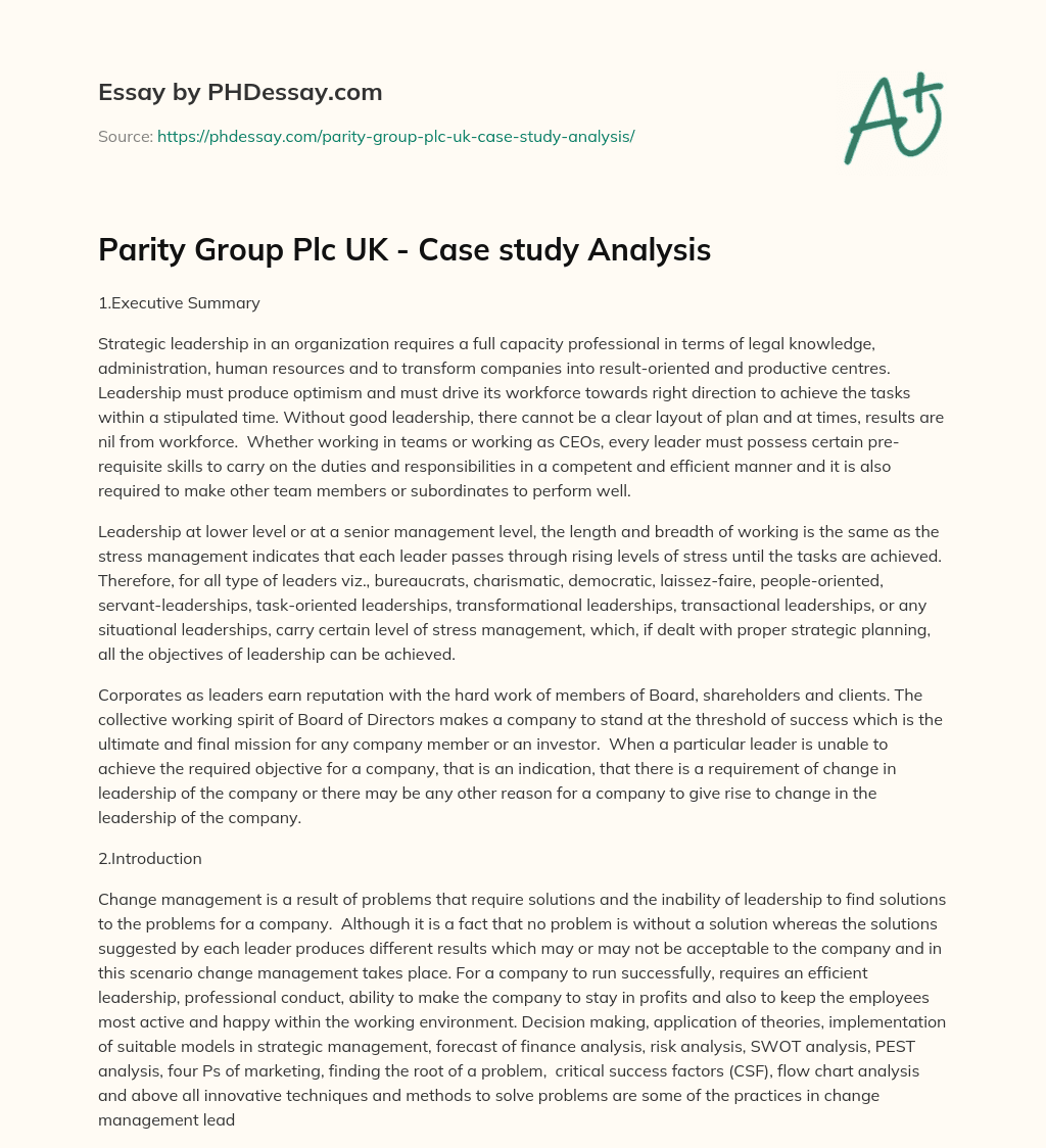 Parity Group Plc UK – Case study Analysis essay