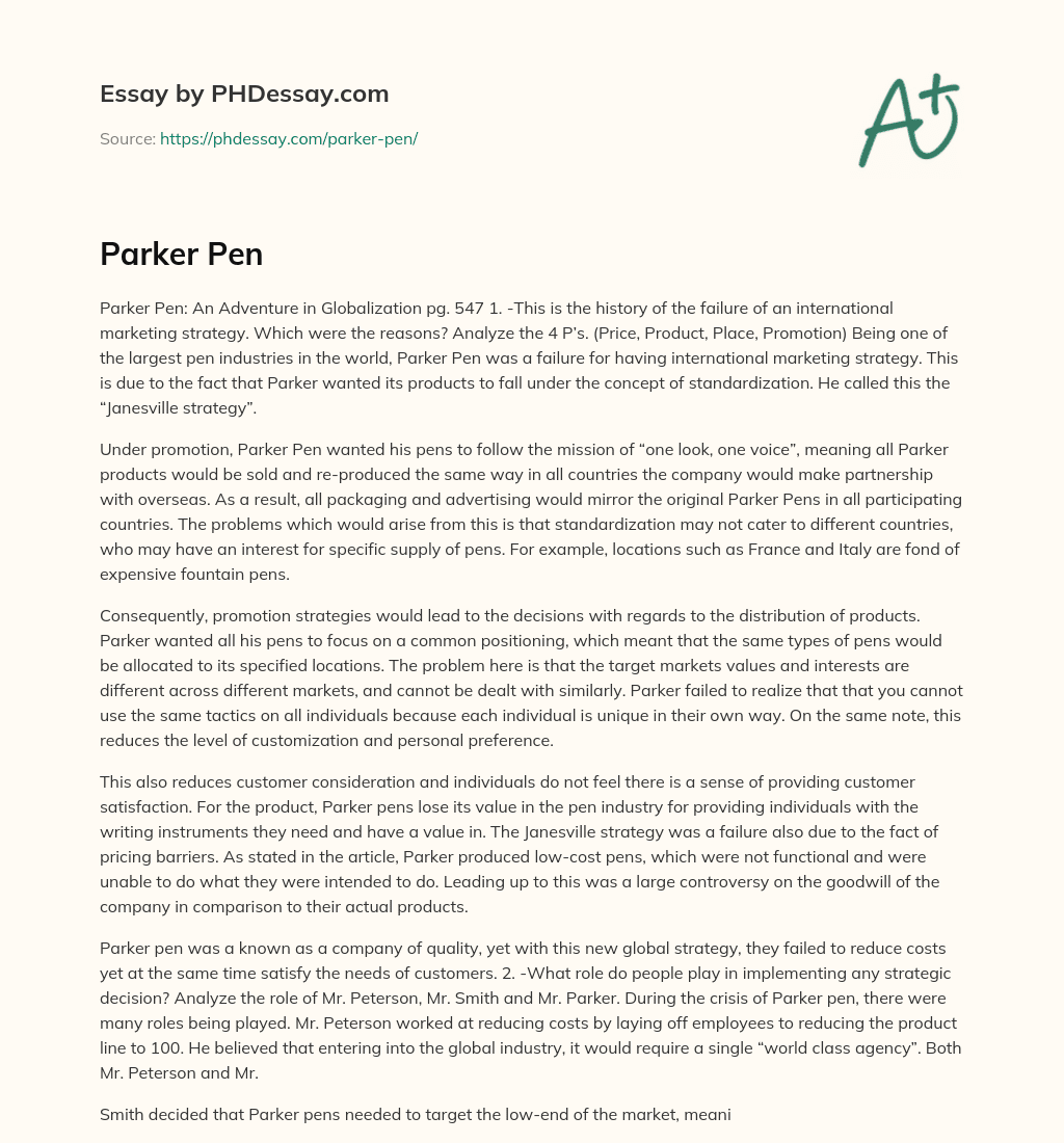 The Failure of Parker Pen’s International Marketing Strategy essay