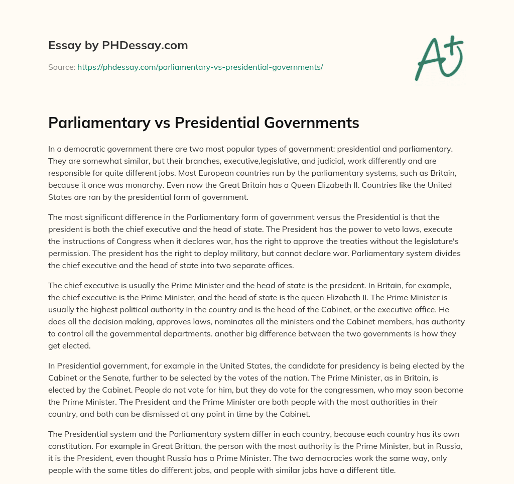 Parliamentary vs Presidential Governments essay