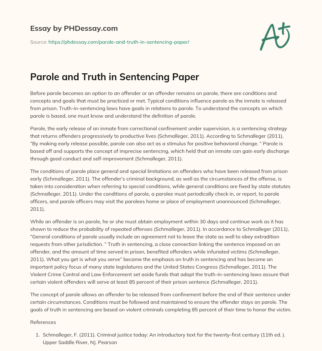 Parole and Truth in Sentencing Paper essay