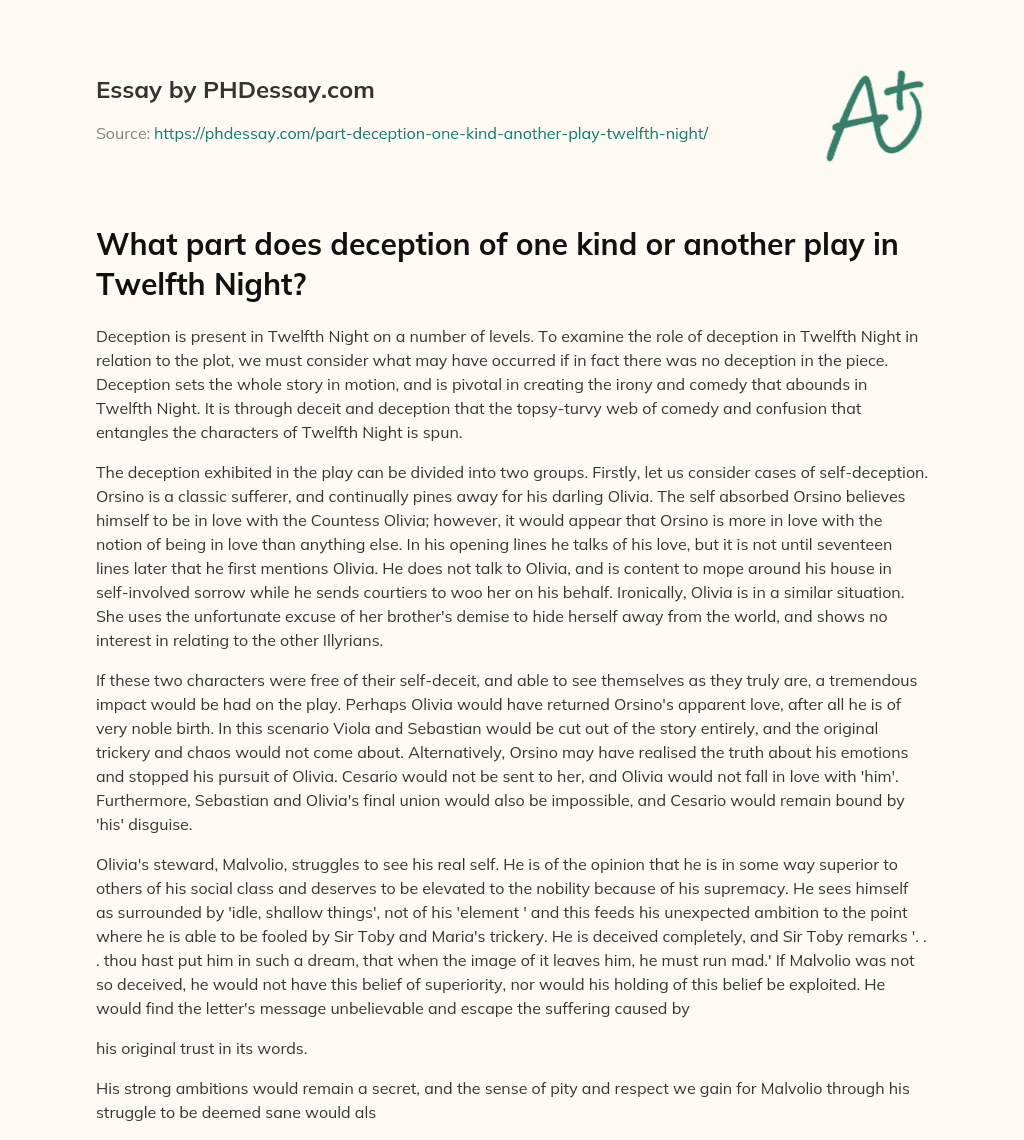 What part does deception of one kind or another play in Twelfth Night? essay