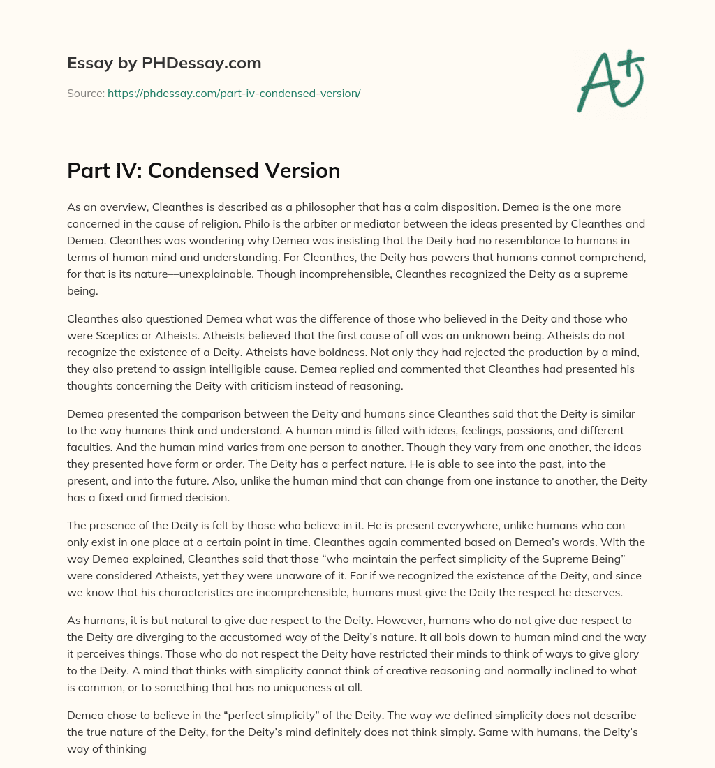 Part IV: Condensed Version essay