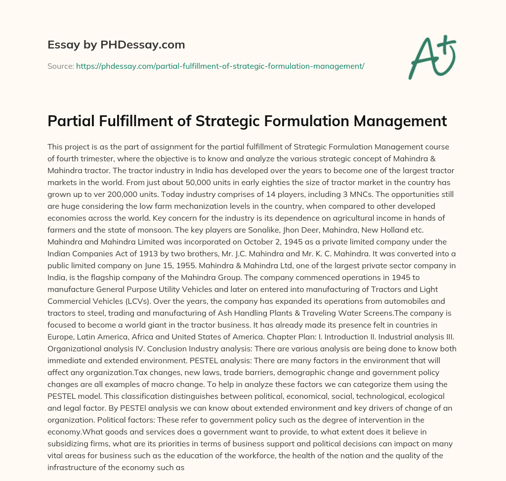 Partial Fulfillment of Strategic Formulation Management essay
