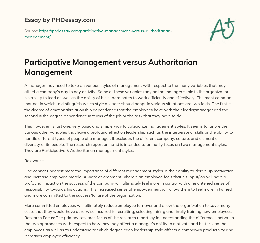 Participative Management versus Authoritarian Management essay