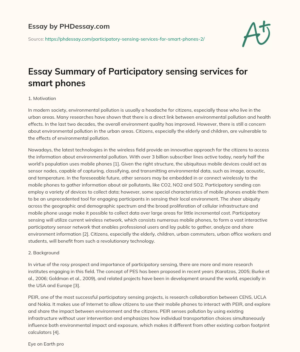 Essay Summary of Participatory sensing services for smart phones essay