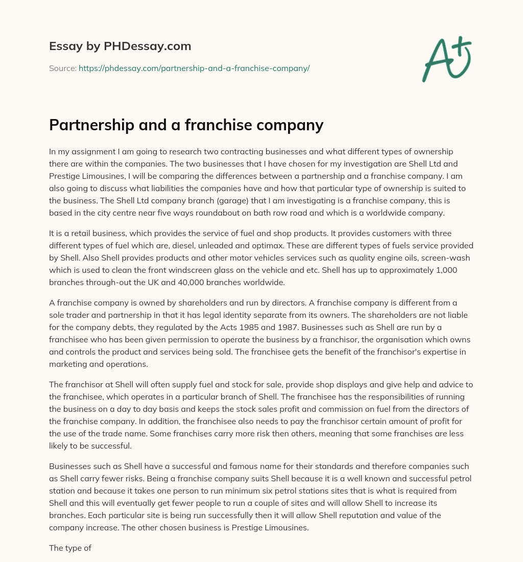 Partnership and a franchise company essay