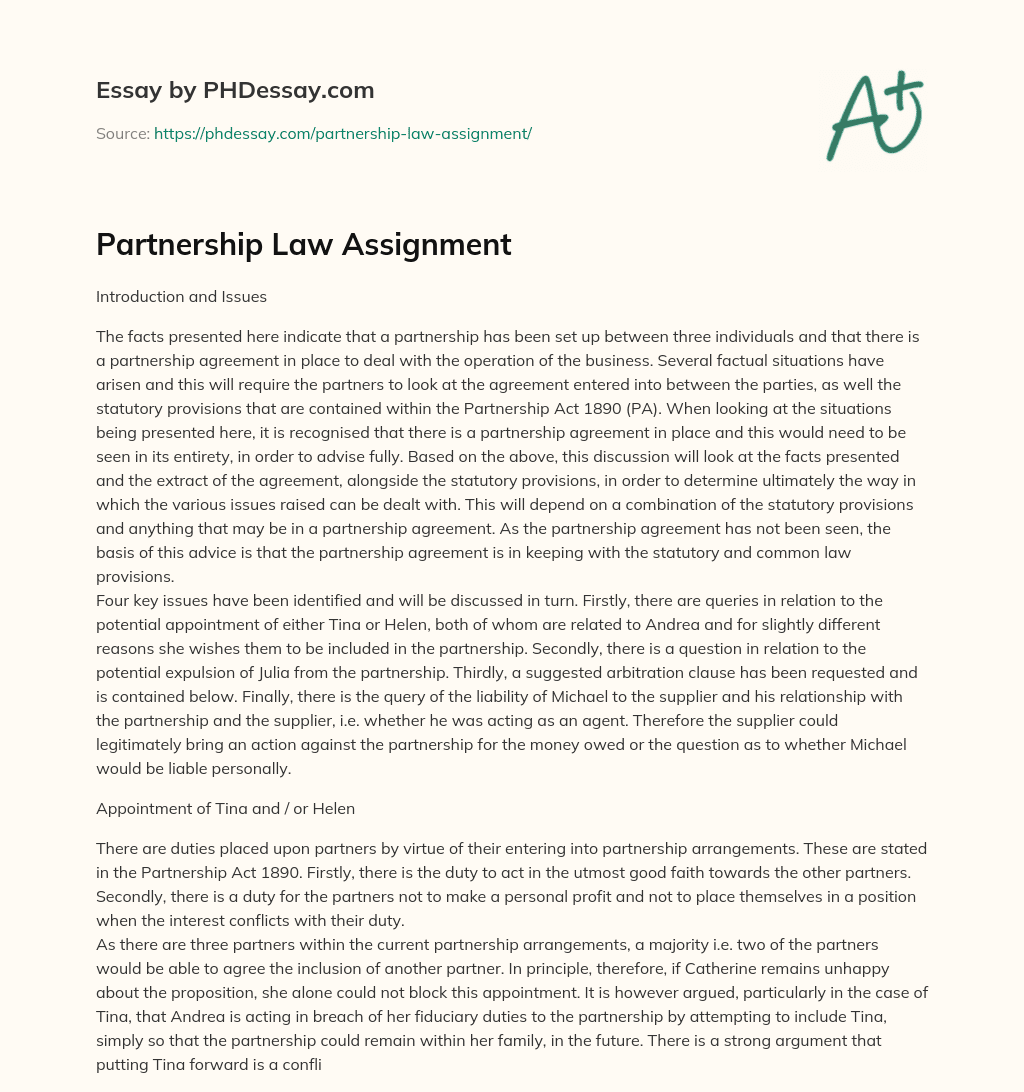 Partnership Law Assignment essay