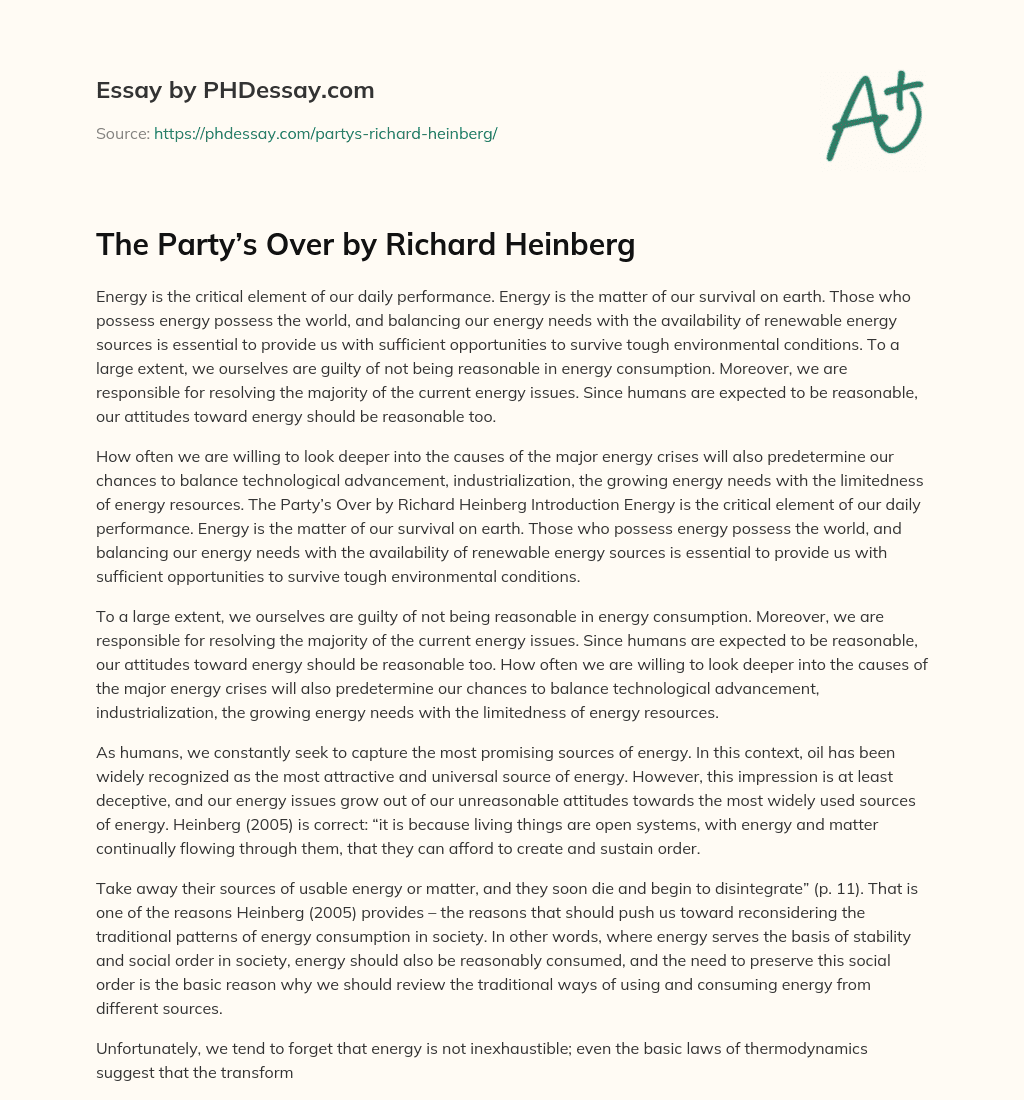 The Party’s Over by Richard Heinberg essay
