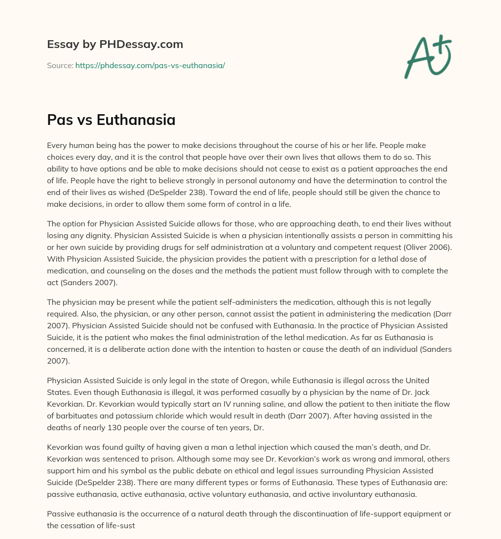 Pas vs Euthanasia essay