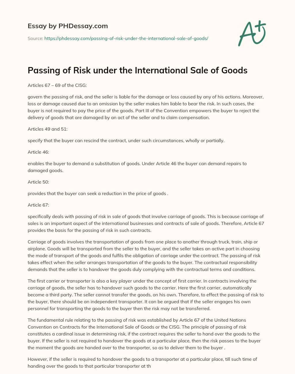 Passing of Risk under the International Sale of Goods essay
