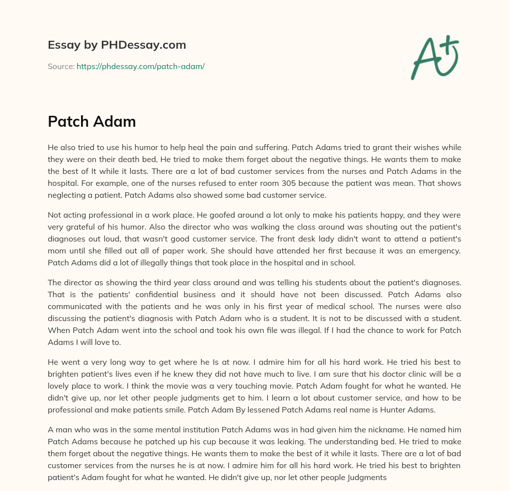 Patch Adams’ Humor as a Healing Tool: Good and Bad Customer Service in the Hospital essay