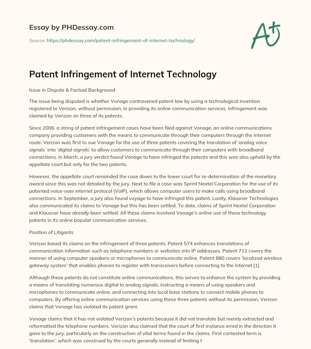 Patent Infringement of Internet Technology essay