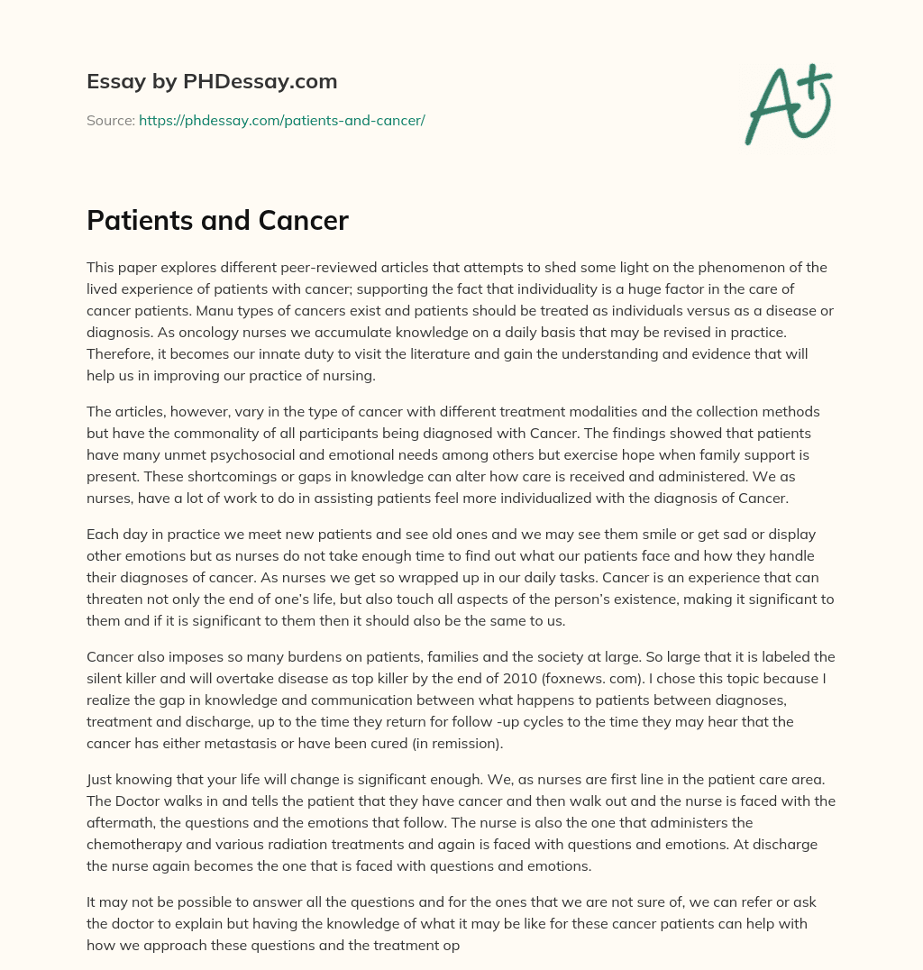 Patients and Cancer essay