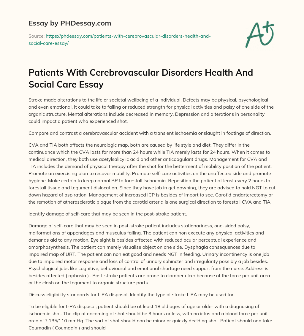 Patients With Cerebrovascular Disorders Health And Social Care Essay essay