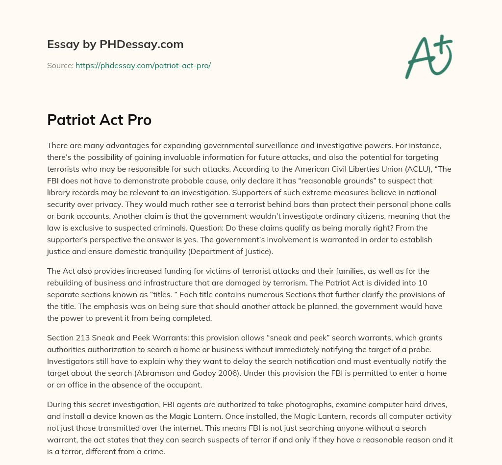 Patriot Act Pro essay