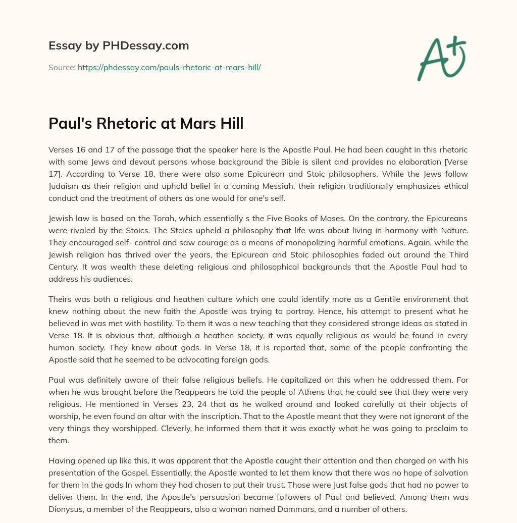 Paul’s Rhetoric at Mars Hill essay