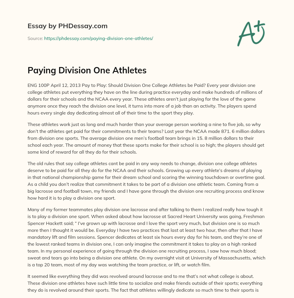 Paying Division One Athletes essay