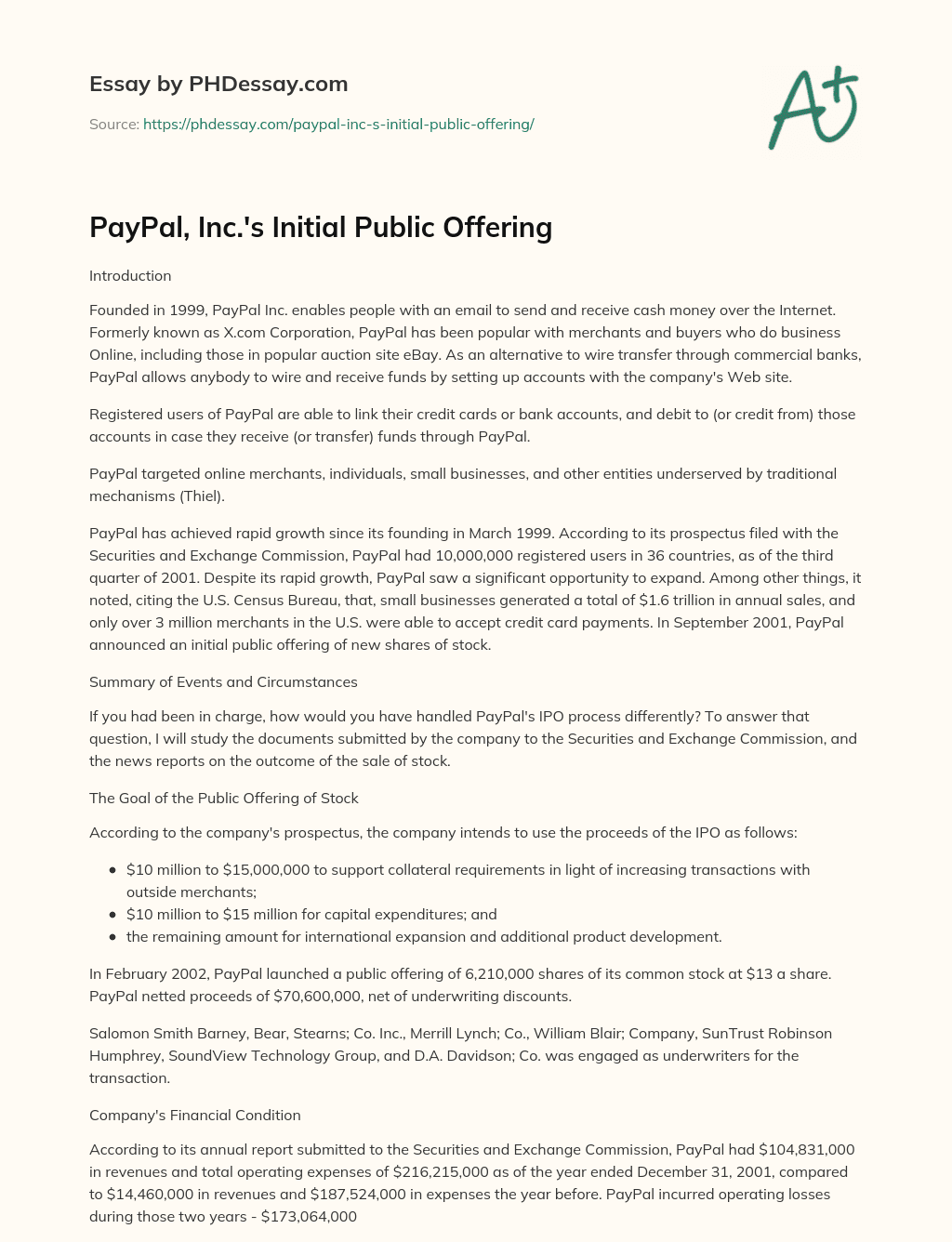 PayPal, Inc.’s Initial Public Offering essay