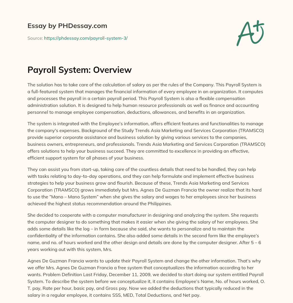 Payroll System: Overview essay