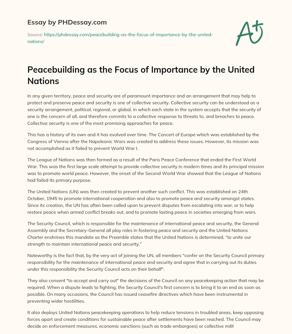 Peacebuilding as the Focus of Importance by the United Nations essay