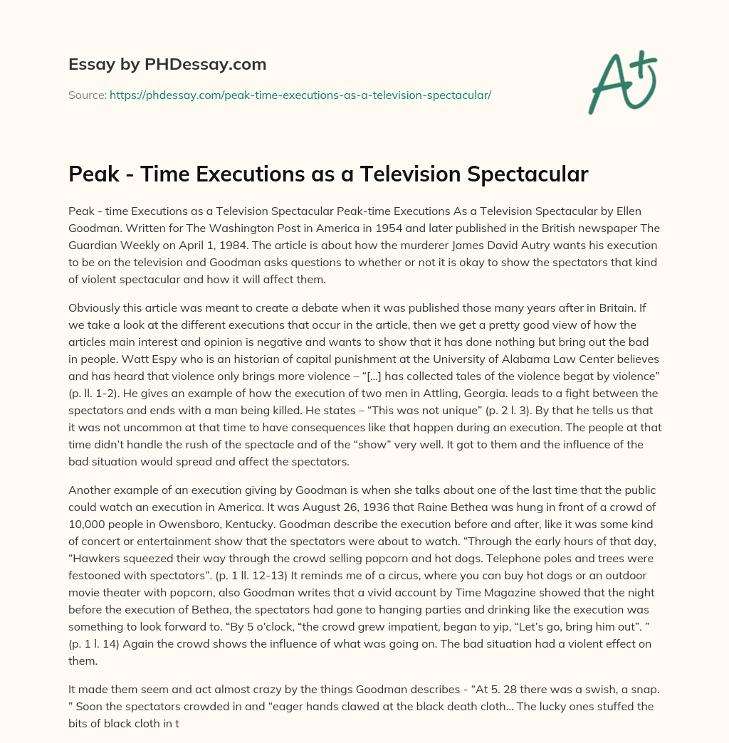 Peak – Time Executions as a Television Spectacular essay