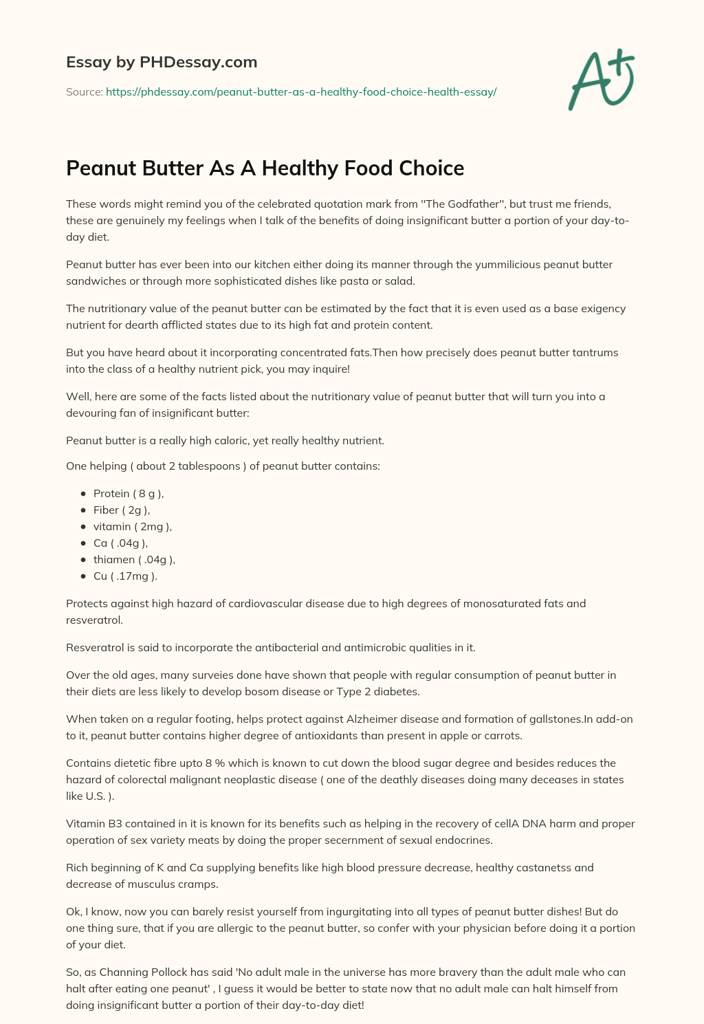 Peanut Butter As A Healthy Food Choice