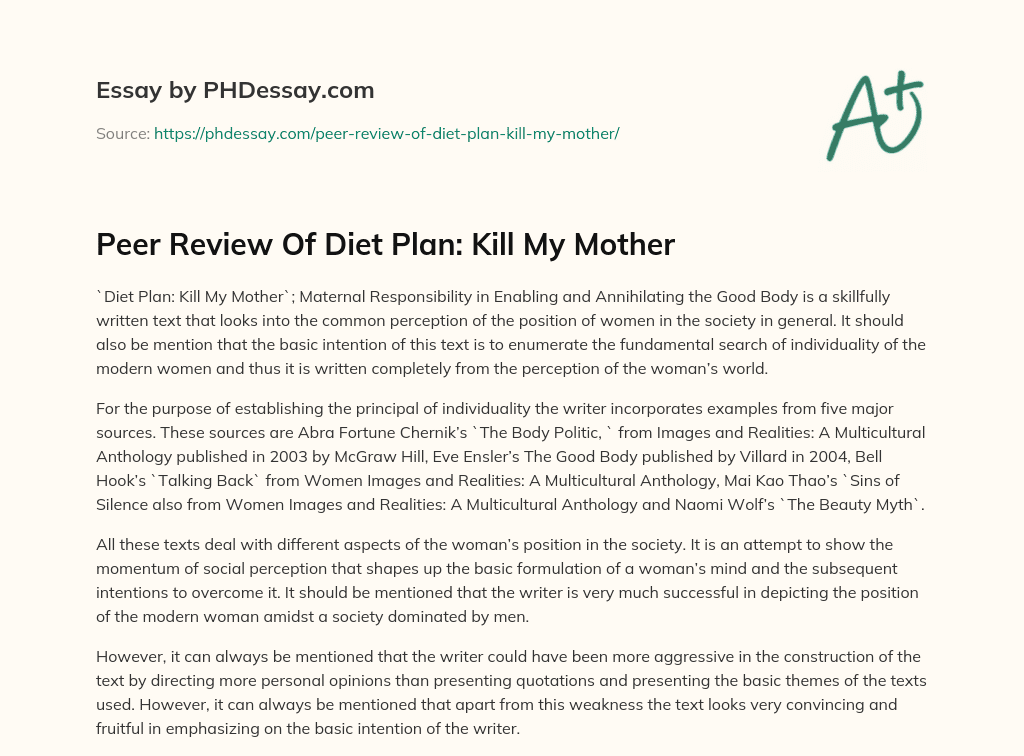 Peer Review Of Diet Plan: Kill My Mother essay