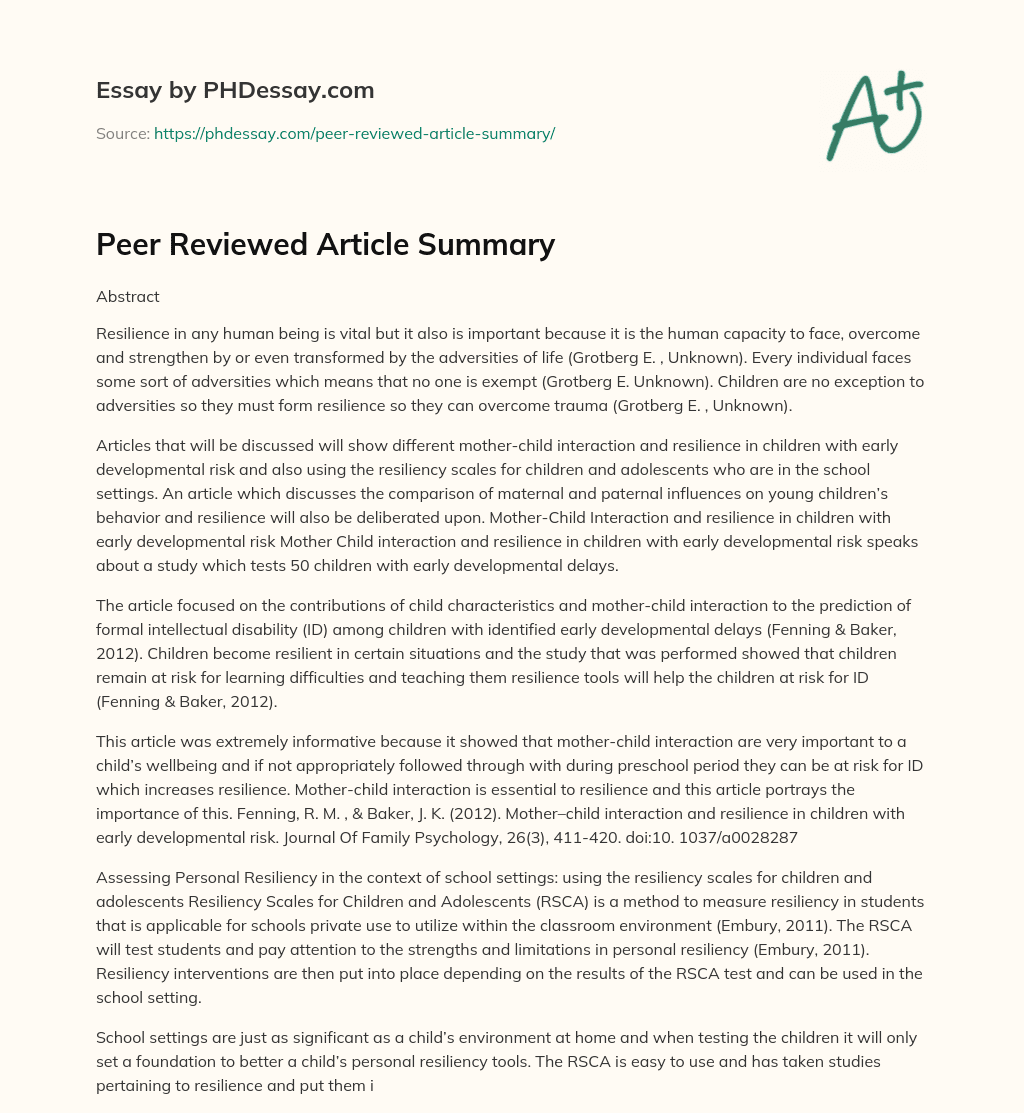 Peer Reviewed Article Summary PHDessay Com