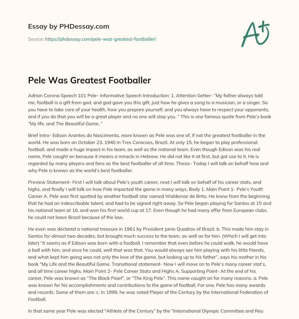 Pele Was Greatest Footballer essay
