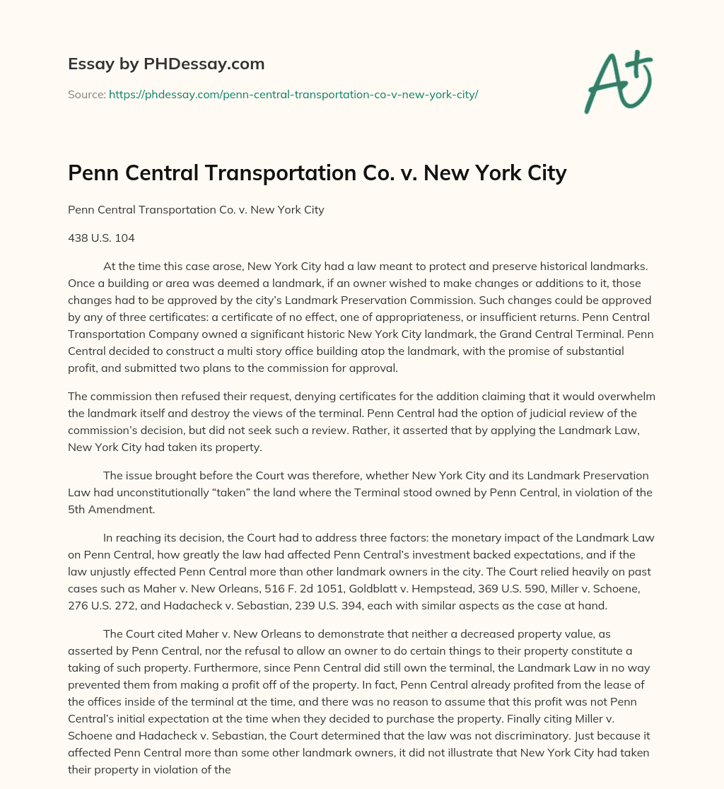 Penn Central Transportation Co. v. New York City essay