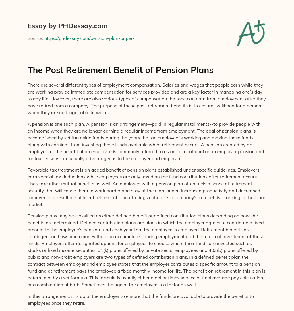 The Post Retirement Benefit of Pension Plans essay