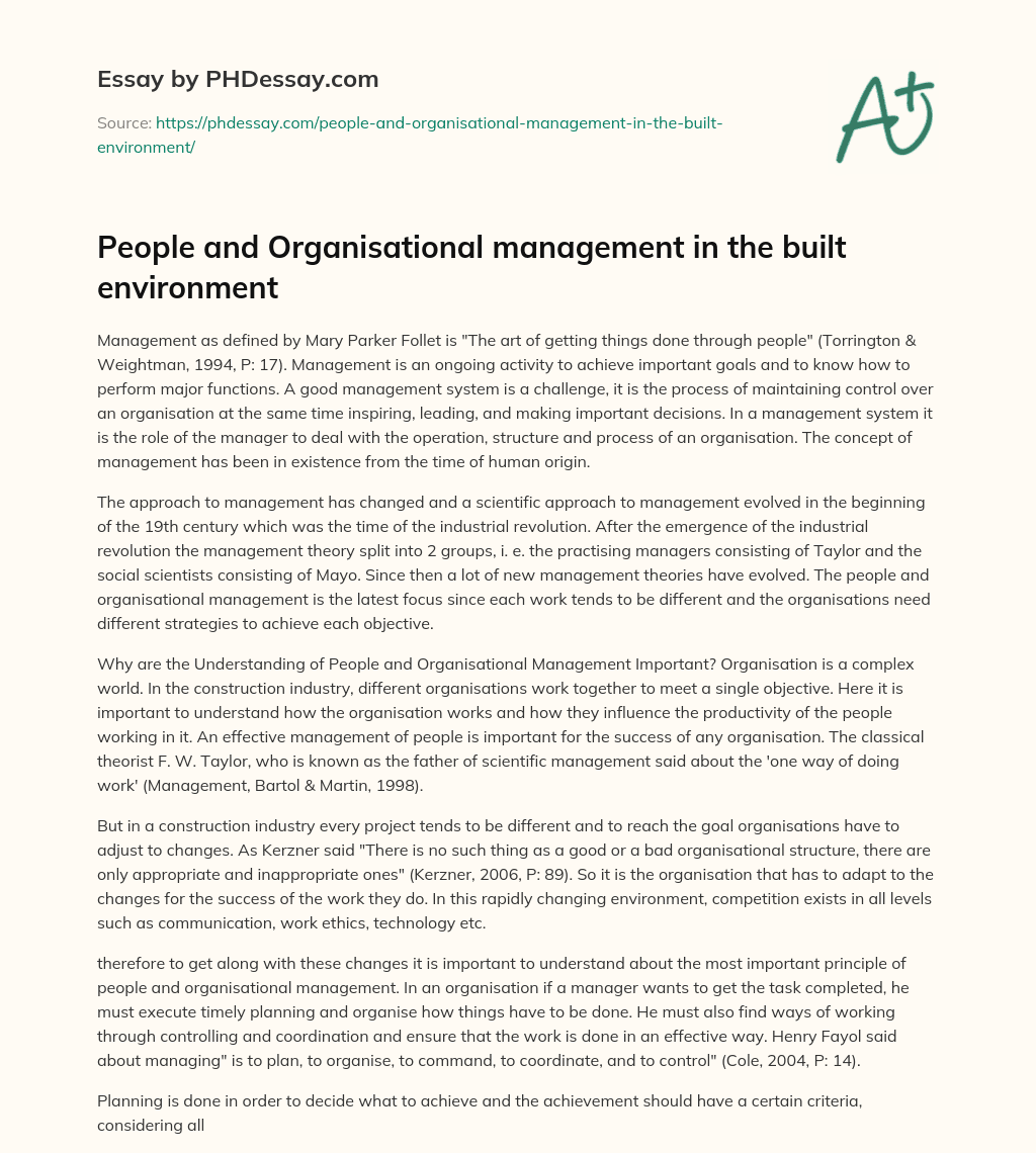 People and Organisational management in the built environment essay