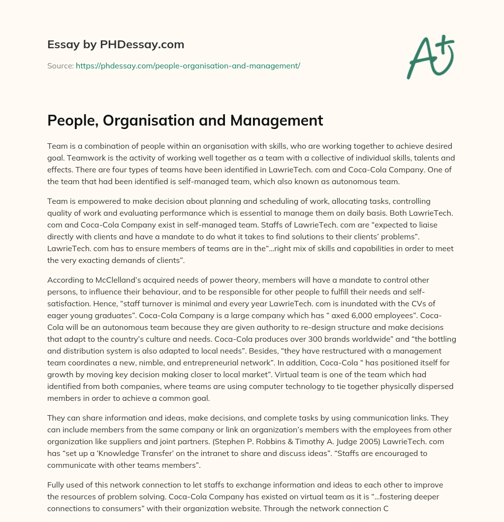People, Organisation and Management essay