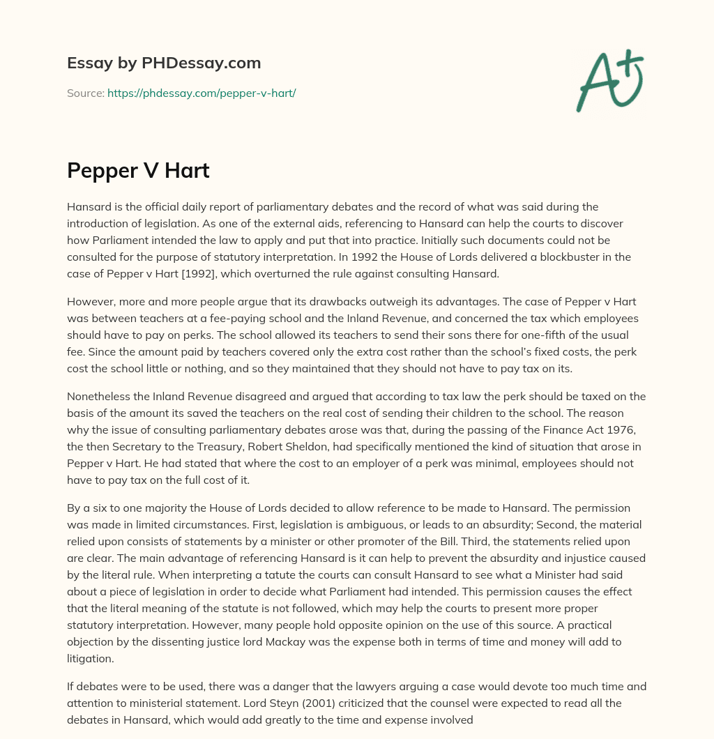 Pepper V Hart essay