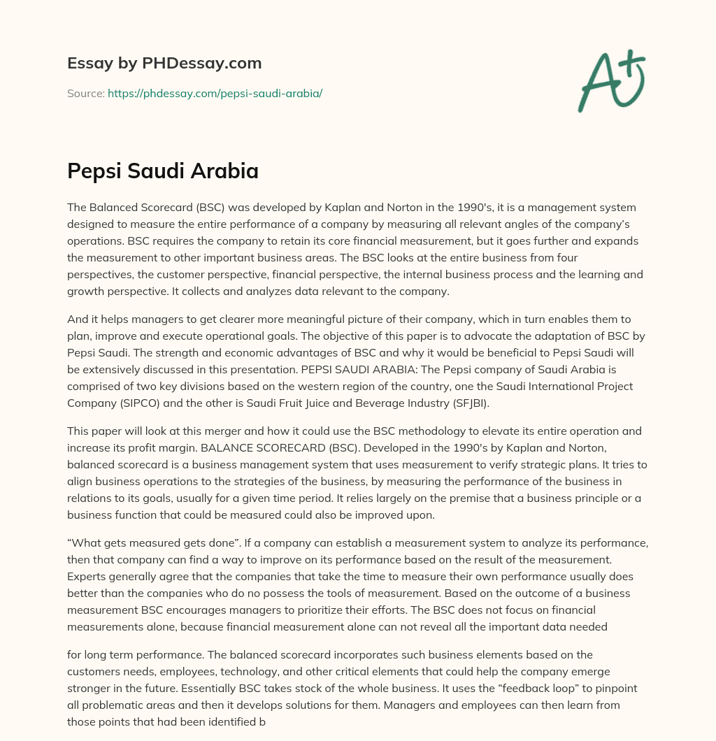 Pepsi Saudi Arabia essay