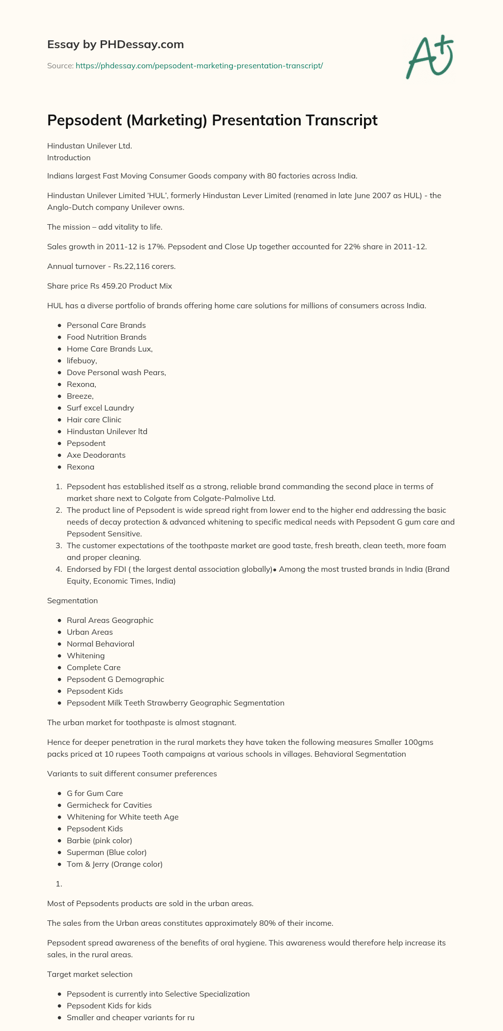 Pepsodent (Marketing) Presentation Transcript essay