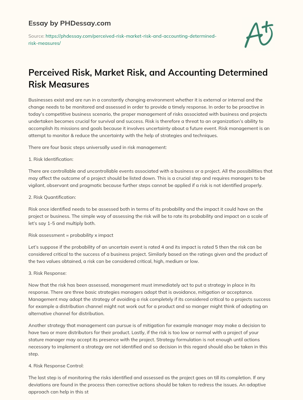 Perceived Risk, Market Risk, and Accounting Determined Risk Measures essay