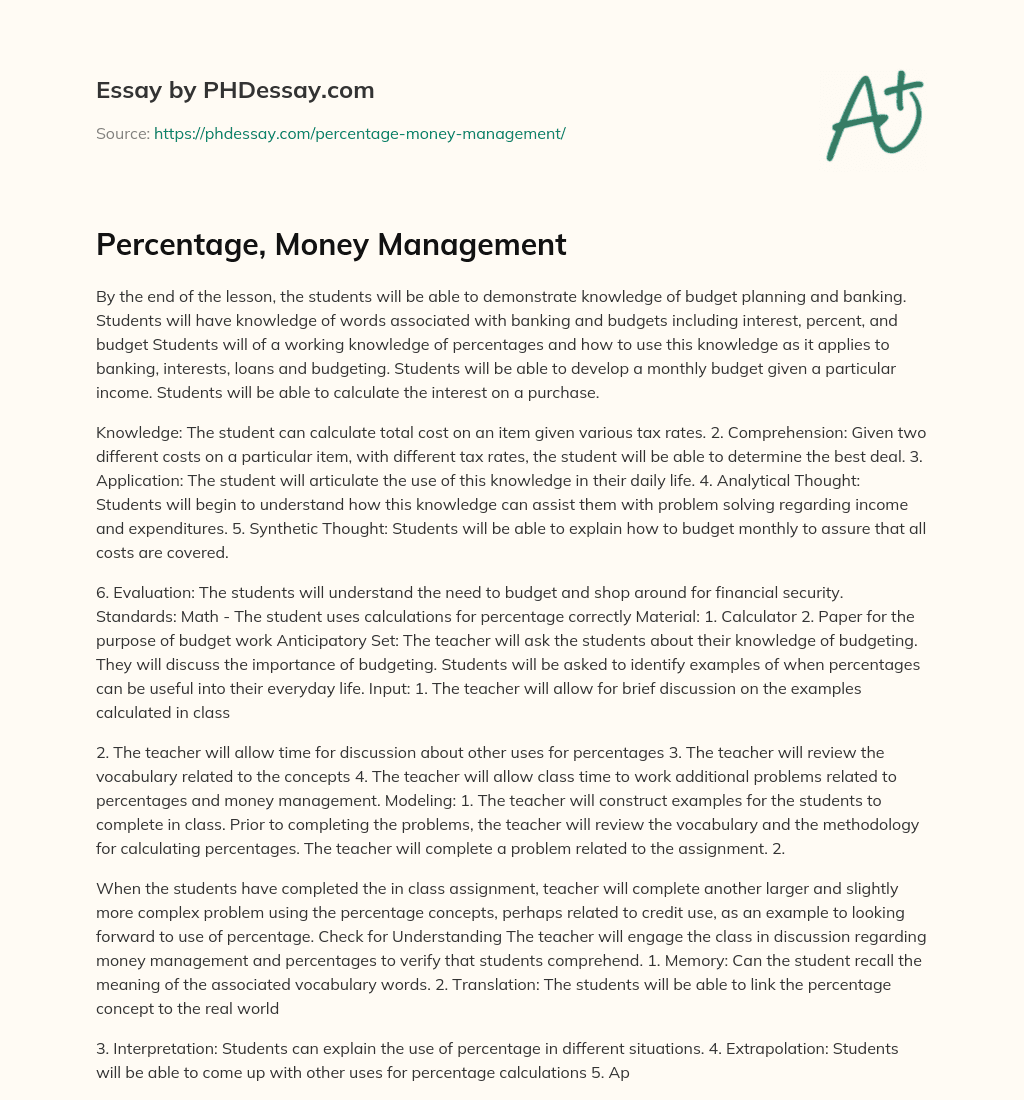 Percentage, Money Management essay